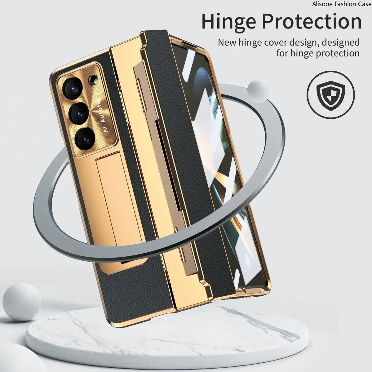 Luxury Leather Magnetic Bracket Shell Electroplated Phone Case For Galaxy Z Fold3/4/5/6 With Back Screen Glass