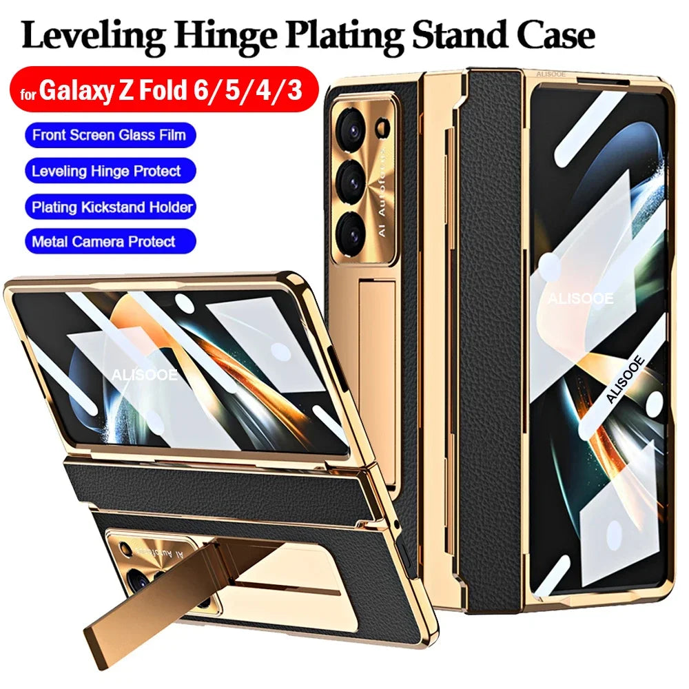 Luxury Leather Magnetic Bracket Shell Electroplated Phone Case For Galaxy Z Fold3/4/5/6 With Back Screen Glass