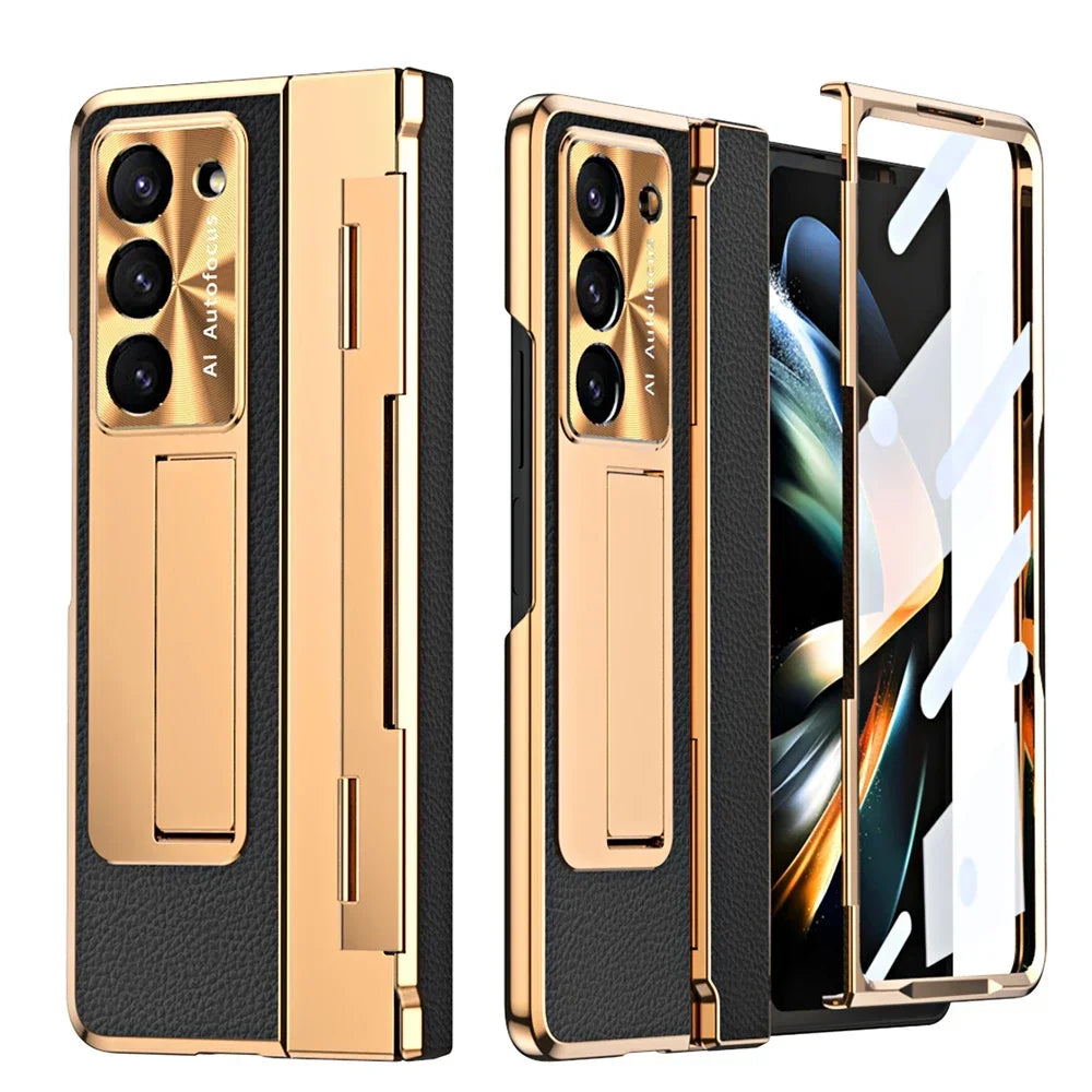 Luxury Leather Magnetic Bracket Shell Electroplated Phone Case For Galaxy Z Fold3/4/5/6 With Back Screen Glass