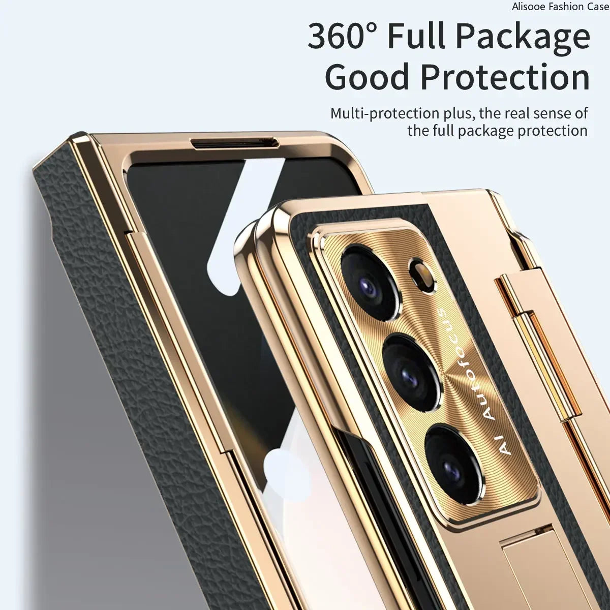 Luxury Leather Magnetic Bracket Shell Electroplated Phone Case For Galaxy Z Fold3/4/5/6 With Back Screen Glass